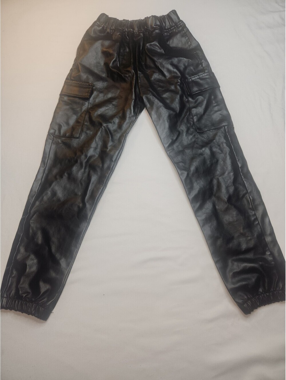 Black faux leather cargo jogger pants